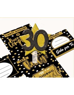 Scatola sorpresa Skatush Box Cm. 11x11x11 con fiocco glitter - Buon Compleanno Black & Gold - 30 anni