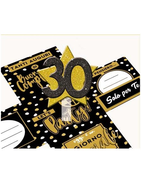 Scatola sorpresa Skatush Box Cm. 11x11x11 con fiocco glitter - Buon Compleanno Black & Gold - 30 anni