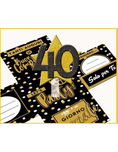 Scatola sorpresa Skatush Box Cm. 11x11x11 con fiocco glitter - Buon Compleanno Black & Gold - 40 anni