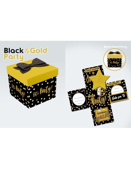Scatola sorpresa Skatush Box Cm. 11x11x11 con fiocco glitter - Buon Compleanno Black & Gold - 40 anni