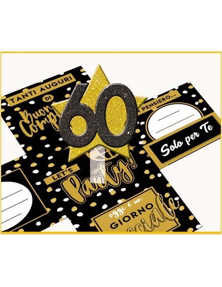 Scatola sorpresa Skatush Box Cm. 11x11x11 con fiocco glitter - Buon Compleanno Black & Gold - 60 anni