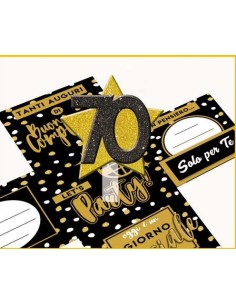 Scatola sorpresa Skatush Box Cm. 11x11x11 con fiocco glitter - Buon Compleanno Black & Gold - 70 anni