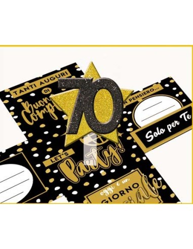 Scatola sorpresa Skatush Box Cm. 11x11x11 con fiocco glitter - Buon Compleanno Black & Gold - 70 anni