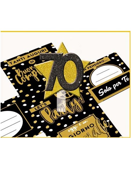 Scatola sorpresa Skatush Box Cm. 11x11x11 con fiocco glitter - Buon Compleanno Black & Gold - 70 anni