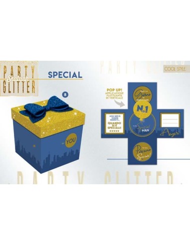 Scatola sorpresa Skatush Box Cm. 11x11x11 con coperchio glitter - Gold & Blue