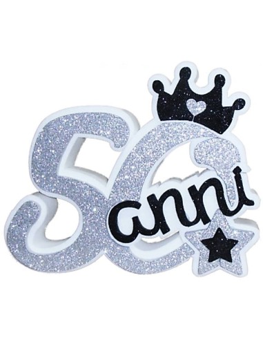 Scritta polistirolo "50 con corona" Silver&Black - Cm. 34x27