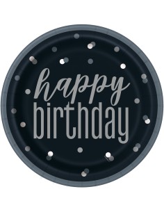 Piatto carta 9" Cm. 23 - Happy Birthday Black&Silver - Cf. 8 pz