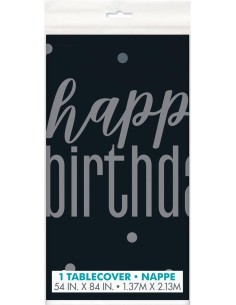 Tovaglia plastificata Cm. 137x213 - Happy Birthday Black&Silver
