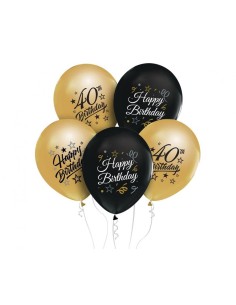Palloncini lattice 12'' nero e oro gold "40" - Blister 6 pezzi