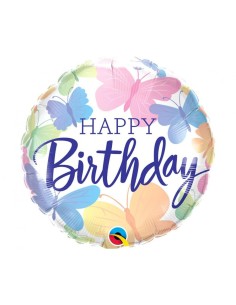 Palloncino mylar 18" Cm. 45 Qualatex Happy Birthday farfalle