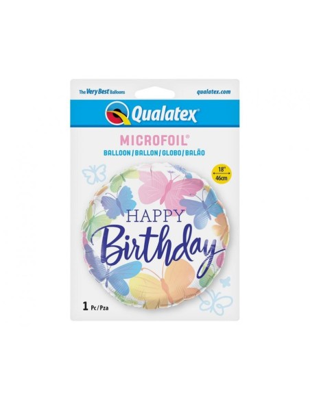 Palloncino mylar 18" Cm. 45 Qualatex Happy Birthday farfalle