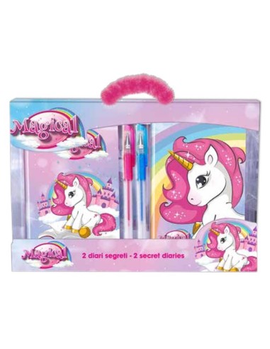 Set regalo con 2 diari segreti e due penne gel glitter - Unicorno