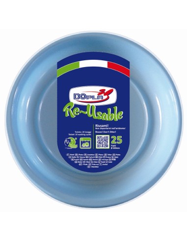 Piatti piani plastica riutilizzabile Color D220 - Cf. 25 pezzi - Azzurro