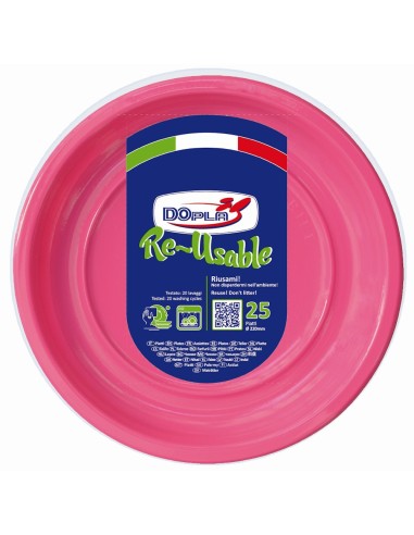 Piatti piani plastica riutilizzabile Color D220 - Cf. 25 pezzi - Fuxia