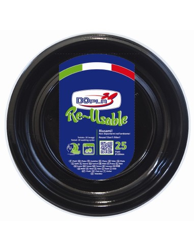 Piatti piani plastica riutilizzabile Color D220 - Cf. 25 pezzi - Nero