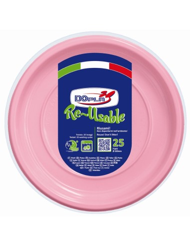 Piatti piani plastica riutilizzabile Color D220 - Cf. 25 pezzi - Rosa
