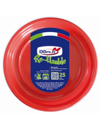 Piatti piani plastica riutilizzabile Color D220 - Cf. 25 pezzi - Rosso