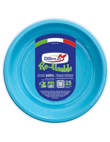 Piatti piani plastica riutilizzabile Color D220 - Cf. 25 pezzi - Turchese