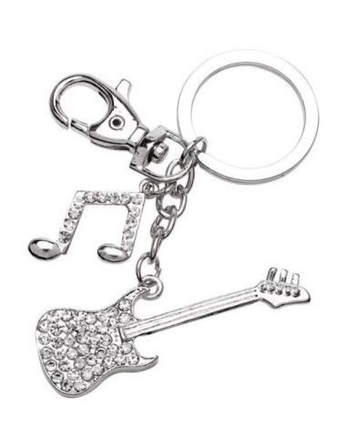 Portachiavi in metallo «Chitarra e nota Silver» con strass