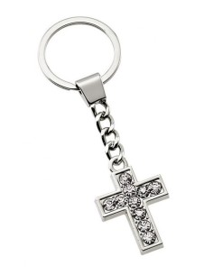 Portachiavi metallo «Croce» con strass e scatola regalo