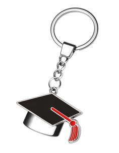 Portachiavi cromato «Tocco laurea nero e rosso» in scatola regalo