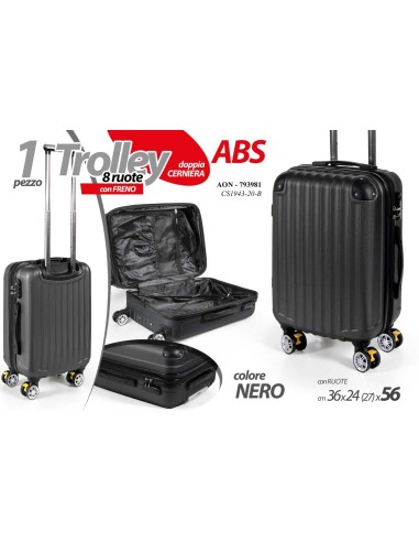 Valigia trolley 8 ruote con freno Cm. 56x36x24 - Nero