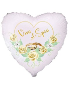 Palloncino mylar 18" Cm. 45 - Cuore Viva gli sposi fedi e rose