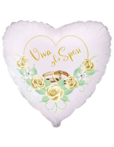 Palloncino mylar 18" Cm. 45 - Cuore Viva gli sposi fedi e rose