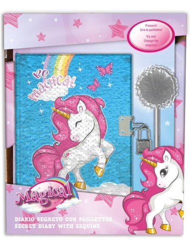 Diario segreto con paillettes reversibile e penna - Unicorno