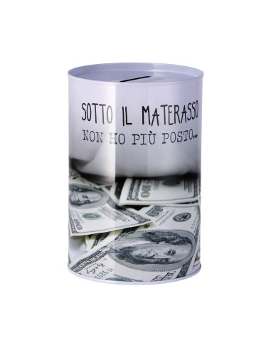 Salvadanaio latta cilindro Cm. 10x15 - Frasi spiritose  - Modelli assortiti