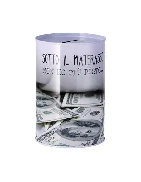 Salvadanaio latta cilindro Cm. 10x15 - Frasi spiritose  - Modelli assortiti