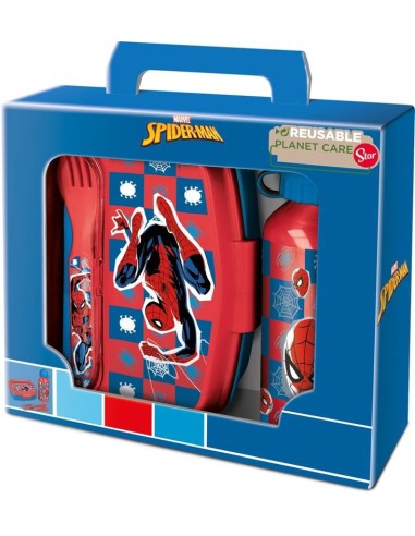 Valigetta regalo con borraccia alluminio e portamerenda con posate - Spiderman