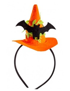 Mini cappello strega arancione Cm. 9,5 con pipistrello in feltro con cerchietto