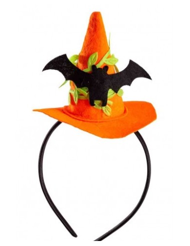 Mini cappello strega arancione Cm. 9,5 con pipistrello in feltro con cerchietto