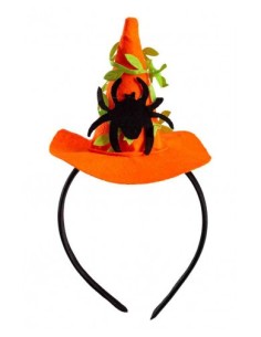Mini cappello strega arancione Cm. 9,5 con ragno in feltro con cerchietto