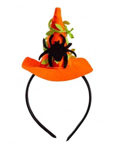 Mini cappello strega arancione Cm. 9,5 con ragno in feltro con cerchietto