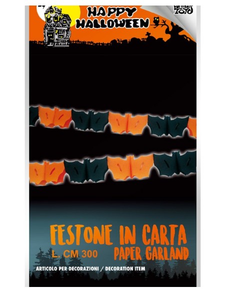 Festone pipistrelli neri e arancioni in carta Cm. 300 x Cm. 13