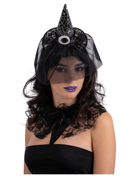 Cerchietto con cappellino in raso nero con fibbia e veletta Cm. 15