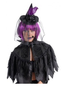 Cerchietto con cappellino in raso nero con rose, piume e veletta Cm. 16