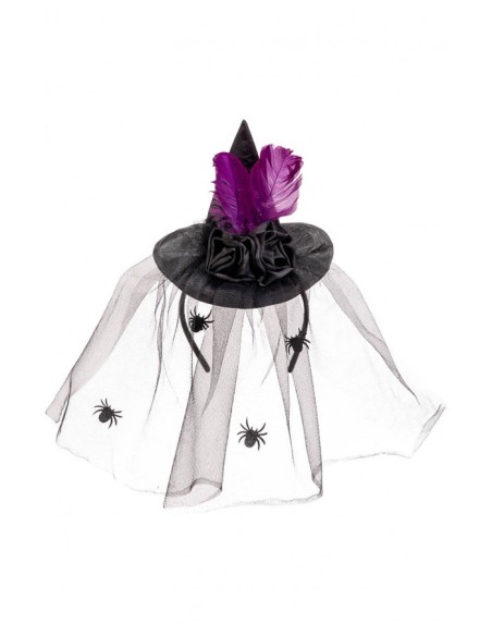 Cerchietto con cappellino in raso nero con rose, piume e veletta Cm. 16
