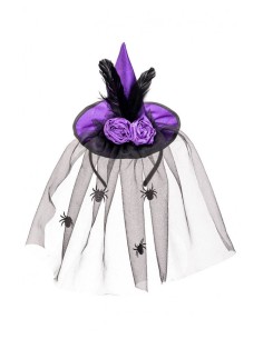 Cerchietto con cappellino in raso viola con rose, piume e veletta Cm. 16 2