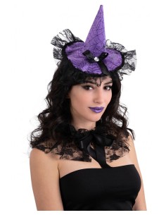 Cerchietto con cappellino in raso viola con fiocco e pizzo Cm. 17