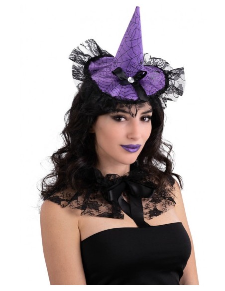 Cerchietto con cappellino in raso viola con fiocco e pizzo Cm. 17