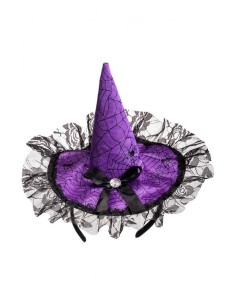 Cerchietto con cappellino in raso viola con fiocco e pizzo Cm. 17 2