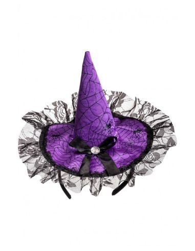 Cerchietto con cappellino in raso viola con fiocco e pizzo Cm. 17