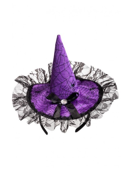 Cerchietto con cappellino in raso viola con fiocco e pizzo Cm. 17