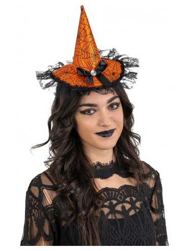 Cerchietto con cappellino in raso arancione con fiocco e pizzo Cm. 17