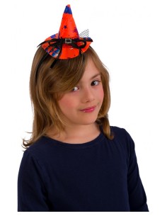 Cerchietto con cappellino strega arancione con decorazioni multicolor