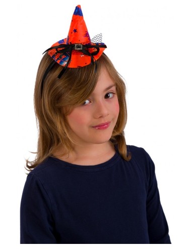 Cerchietto con cappellino strega arancione con decorazioni multicolor