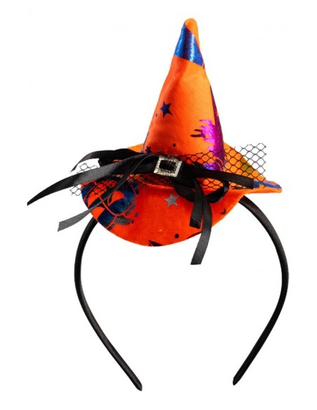 Cerchietto con cappellino strega arancione con decorazioni multicolor